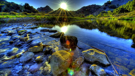 Fond de pierres de rivière-coucher de soleil-hdr-1920 × 1080-fond d'écran, Fond d'écran HD HD wallpaper