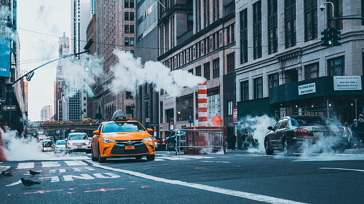mobil kuning, Kota New York, taksi, asap, jalan, mobil, kota, Wallpaper HD