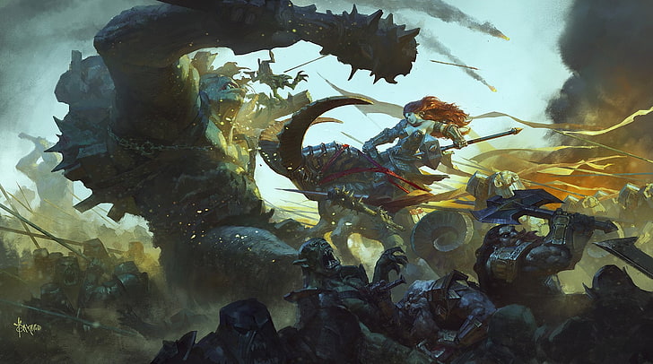 Fantasy, Battle, Axe, Creature, Dwarf, Giant, Orc, Warrior, Woman Warrior, HD wallpaper