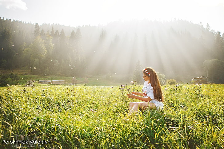 greens, field, forest, grass, girl, trees, mood, dress, brown hair, wreath, the rays of the sun, in white, HD wallpaper