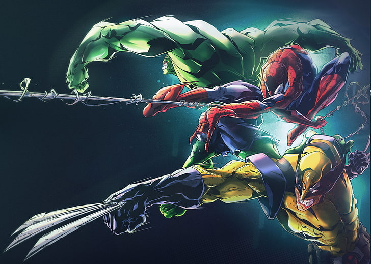 Spider-Man, The Incredible Hulk, and Wolverine digital wallpaper, Marvel Comics, Superheroes, Hulk, Spider-Man, Wolverine, Artwork, 4K, 8K, HD wallpaper