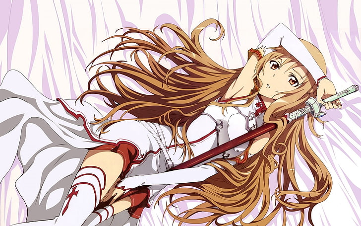 шатенка, иллюстрация женского персонажа, аниме, Юки Асуна, Sword Art Online, HD обои