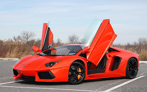 Lamborghini Aventador LP700-4 سيارة خارقة برتقالية ، أبواب مفتوحة ، سيارة كوبيه رياضية برتقالية ، لامبورغيني ، برتقالي ، سيارة خارقة ، أبواب ، مفتوحة، خلفية HD HD wallpaper