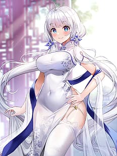  anime girls, Azur Lane, Illustrious (Azur Lane), Foka, Chinese dress, white stockings, white hair, smiling, long hair, HD wallpaper HD wallpaper