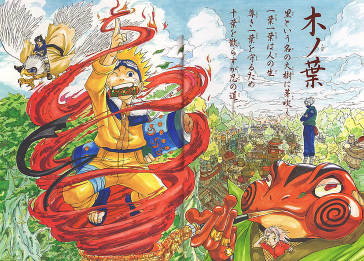 röd och grön abstrakt målning, Naruto Shippuuden, Masashi Kishimoto, Uzumaki Naruto, Uchiha Sasuke, Hatake Kakashi, konstverk, illustration, HD tapet