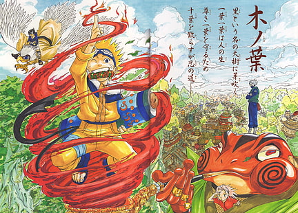 röd och grön abstrakt målning, Naruto Shippuuden, Masashi Kishimoto, Uzumaki Naruto, Uchiha Sasuke, Hatake Kakashi, konstverk, illustration, HD tapet HD wallpaper