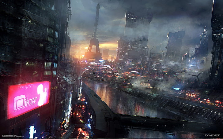 برج إيفل ، باريس ، فن الخيال ، سايبربانك ، برج إيفل ، ألعاب فيديو ، مدينة، خلفية HD