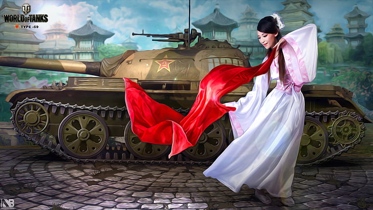 девушка, фигура, дома, площадь, арт, танк, китаянка, азиатка, среднестатистическая, World of Tanks, Никита Боляков, Type-59, HD обои