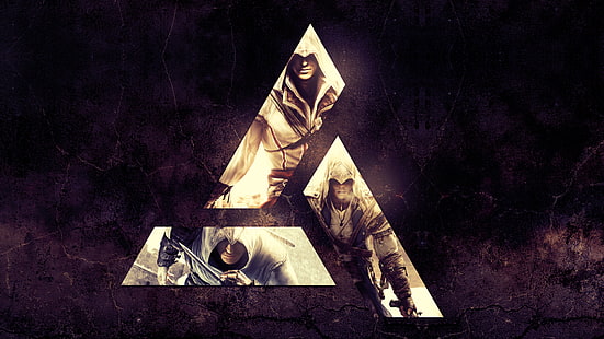 черно-бял дървен декор, Assassin's Creed, видео игри, Ezio Auditore da Firenze, Altaïr Ibn-La'Ahad, Connor, Assassin's Creed 2, HD тапет HD wallpaper