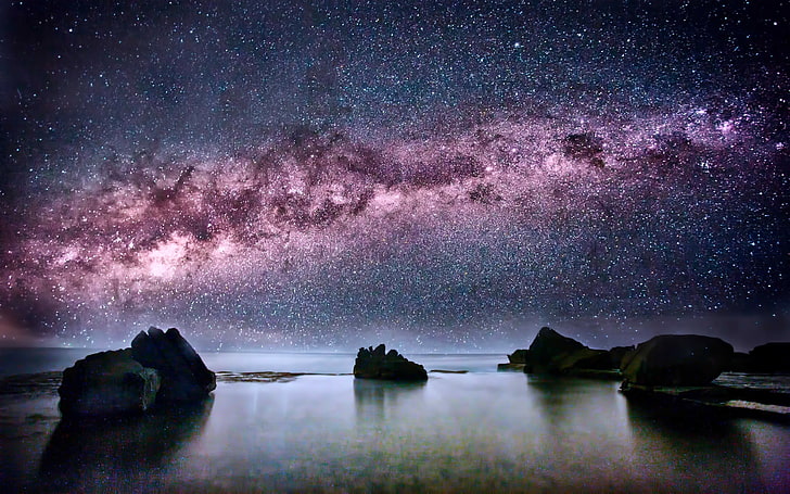 blauer und purpurroter Himmel, Landschaft, Natur, Sterne, Galaxie, HD-Hintergrundbild