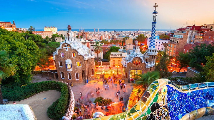 Испания, Европа, изглед, панорама, парк Гюел, Барселона, град, забележителност, музей на къщата на Гауди, туристическа атракция, пътуване, туризъм, градски пейзаж, HD тапет