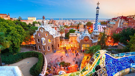 hiszpania, europa, widok, panorama, park güell, barcelona, ​​miasto, punkt orientacyjny, muzeum domu Gaudiego, atrakcja turystyczna, podróże, turystyka, pejzaż miejski, Tapety HD HD wallpaper