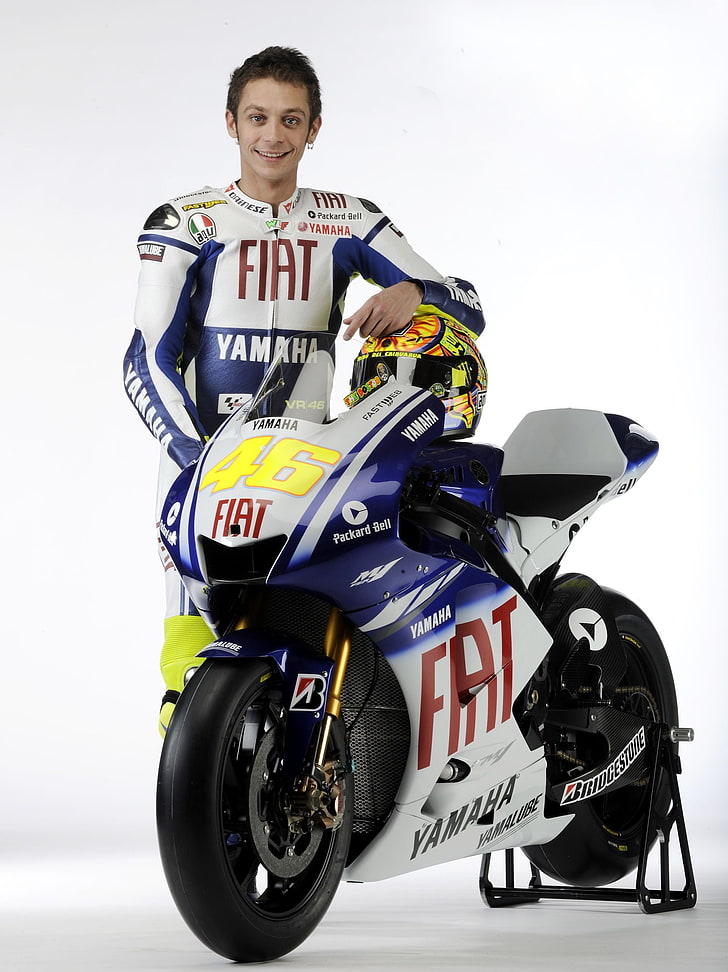 weißes und blaues FIAT Sportrad, Valentino Rossi, Motorrad, Herren, Motorradfahrer, Weltmeister, HD-Hintergrundbild, Handy-Hintergrundbild