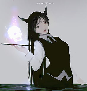 Aoi Ogata, ilustraciones, cabello largo, cabello negro, camarera, cuernos, cráneo, espalda arqueada, colmillos, Fondo de pantalla HD HD wallpaper