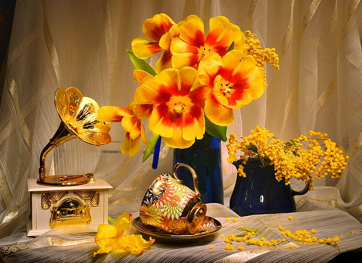 การถ่ายภาพหุ่นนิ่งถ้วยดอกไม้แผ่นเสียงทิวลิปแจกันดอกไม้สีเหลือง, วอลล์เปเปอร์ HD
