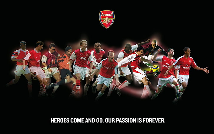 men's red and white crew-neck shirt, the inscription, logo, emblem, Arsenal, players, Football Club, The Gunners, Heroes come and go. Our passion is forever, HD wallpaper