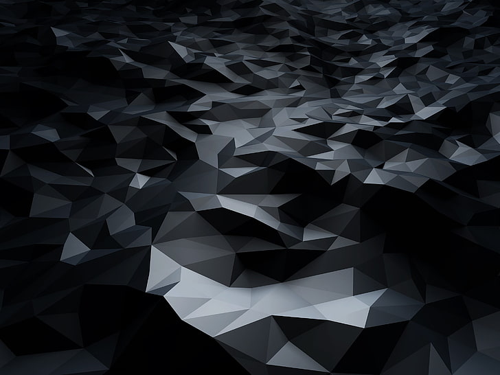 lukisan abstrak hitam dan abu-abu, poli rendah, 3D, seni digital, gelap, Wallpaper HD