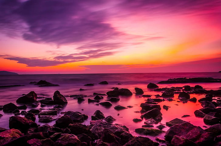 ocean, clouds, sky, sunset, colors, dusk, beautiful, HD wallpaper
