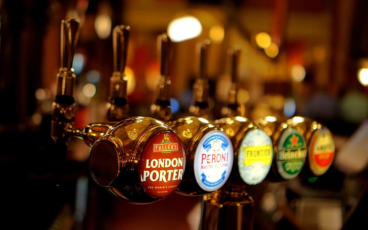 assorted beer tap handles, beer, macro, bars, HD wallpaper