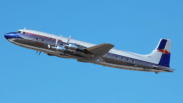 Douglas Dc6, avião, clássico, touros, avião comercial, antiguidade, voando, redbull, dc-6, avião pla, HD papel de parede