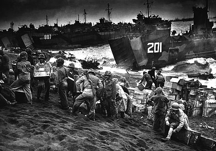 Segunda Guerra Mundial, Iwo Jima, guerra, soldado, monocromo, militar, playa, Fondo de pantalla HD HD wallpaper