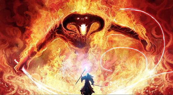 lord of the rings, balrog, gandalf, fire, tolkien, magic, monster, artwork, demon, Fantasy, HD wallpaper HD wallpaper