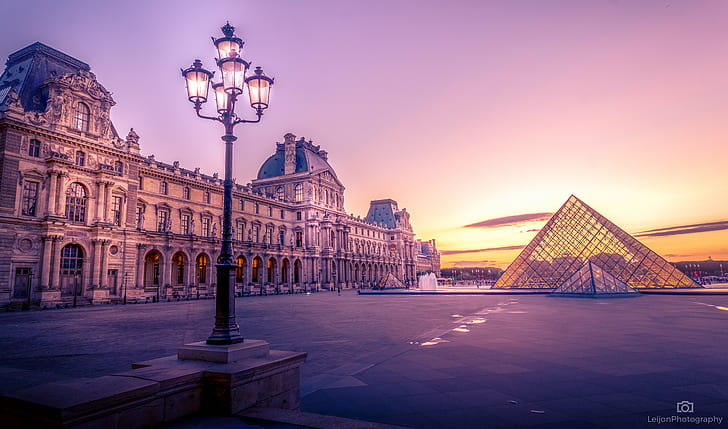 Louvre pyramid glass near building during sungset, city, art, Louvre pyramid, glass, building, light, sunset, sky, color, clouds, cloud, clear, architecture, monument, museum, urban, town, street  road, plaza, paris  france, cityscape, landscape, panorama, HD wallpaper