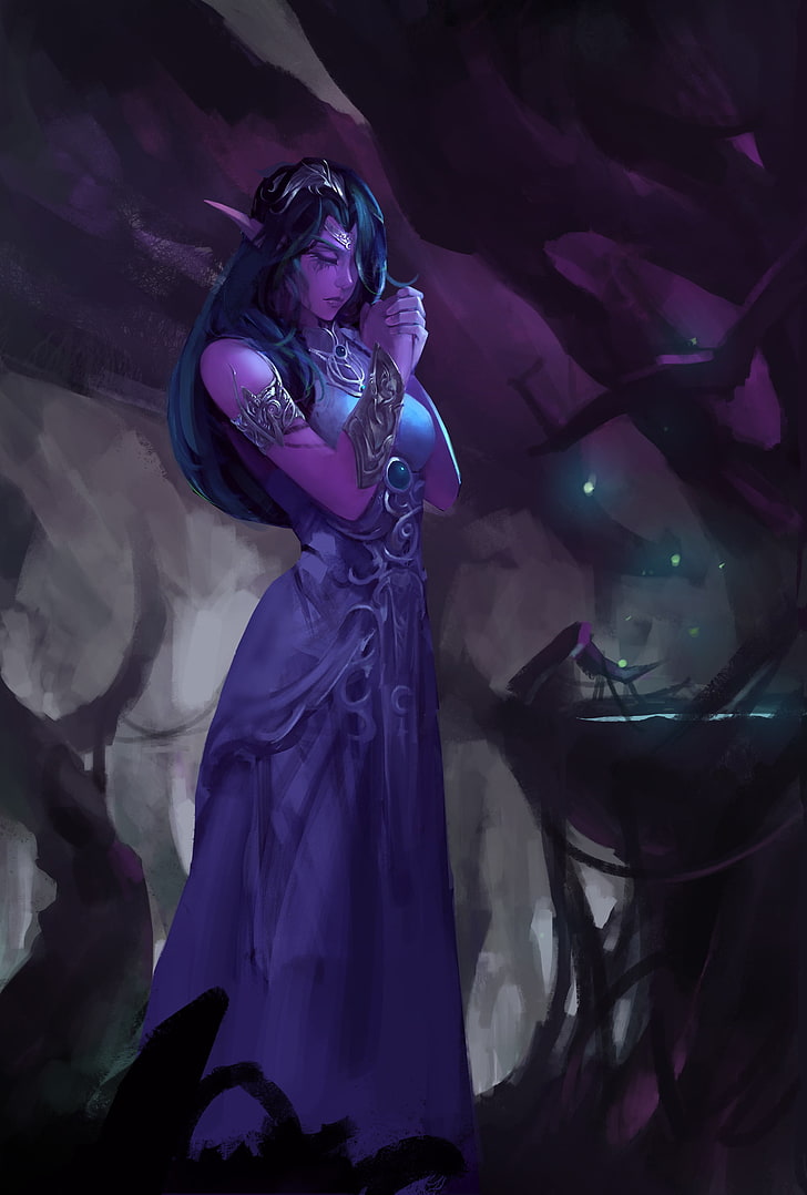 илюстрация на женски елф, фентъзи изкуство, елфи, магия, Тиранда, Нощни елфи, World of Warcraft: Cataclysm, HD тапет, тапет за телефон