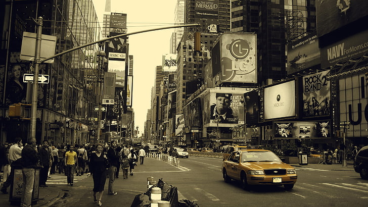 옐로우 세단, 흑백, 택시, 뉴욕, HD 배경 화면