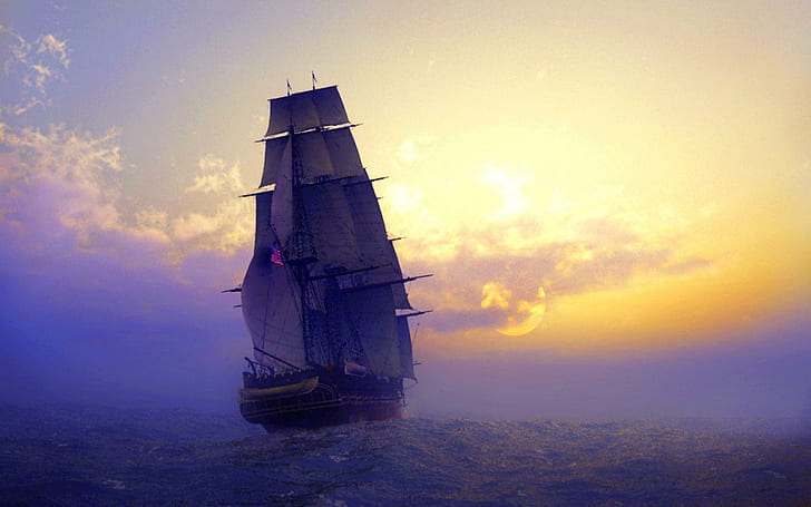 Sailing To The Horizon, ilustraciones de barcos de vela marrones y blancos, velas, océano, vela, horizonte, puesta de sol, barcos, Fondo de pantalla HD