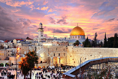 Рукотворное, Иерусалим, Здание, Купол, Золото, Закат, HD обои HD wallpaper