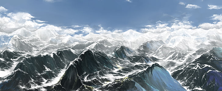 mountains, sky, clouds, drawing, snow, painting, artwork, HD wallpaper