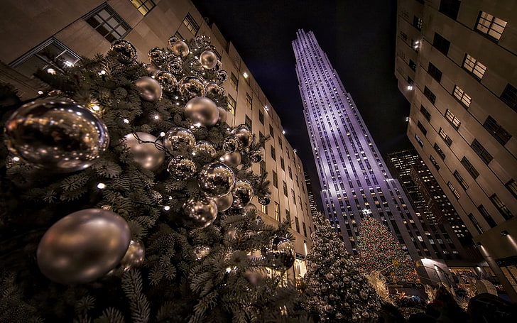 Градове, Ню Йорк, Коледа, коледни орнаменти, коледно дърво, град, Манхатън, Рокфелер център, небостъргач, HD тапет
