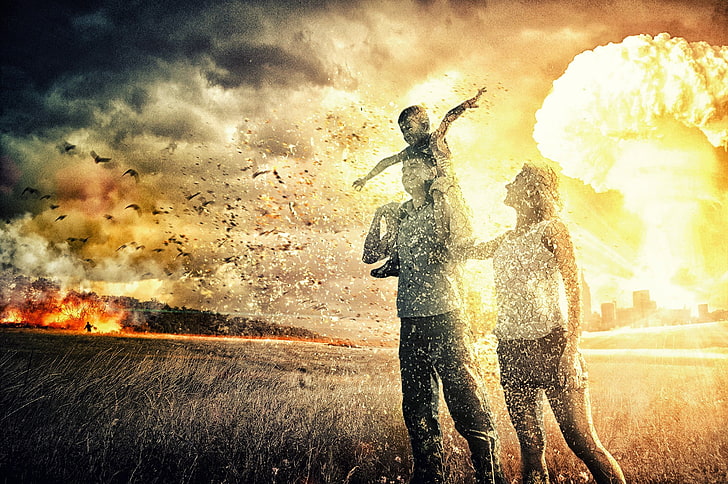woman beside man with son perching on back against nuclear explosion photography, digital art, family, horror, HD wallpaper