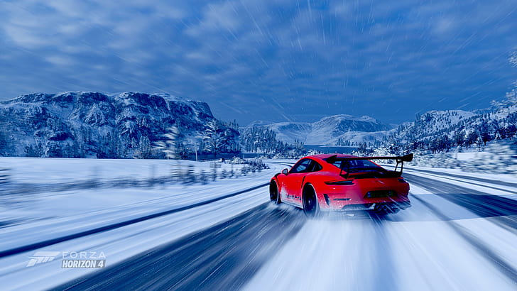 Forza Horizon 4, landscape, Video Game Landscape, car, Drifting, Porsche, Porsche 911, Porsche 911 GT3, red, red cars, snow, white, HD wallpaper