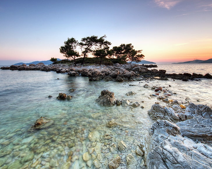 wyspa, morze, Chorwacja, skały, zachód słońca, wzgórza, Tapety HD