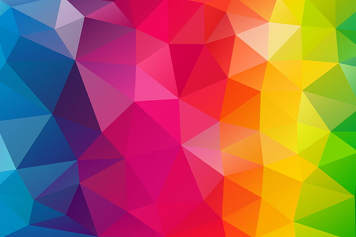 papel de parede abstrato multicolorido, roxo, luz, linha, laranja, azul, vermelho, amarelo, rosa, triângulos, arco íris, textura, flexão, rostos, verde, geometria, polígonos, combinação, HD papel de parede