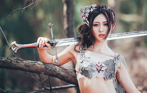 fantasy girl, sword, Asian, women, model, HD wallpaper HD wallpaper