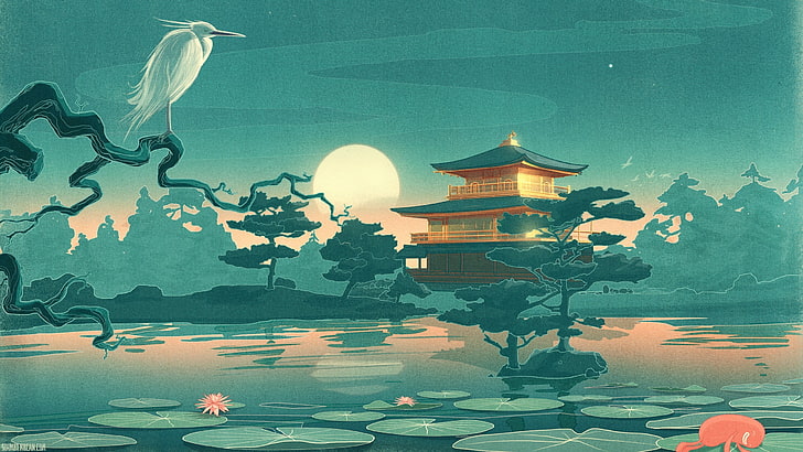синя и зелена къща и бяла бяла чапла птица илюстрация, снимка на пагода между дървета илюстрация, произведения на изкуството, фентъзи изкуство, пагода, живопис, Япония, HD тапет