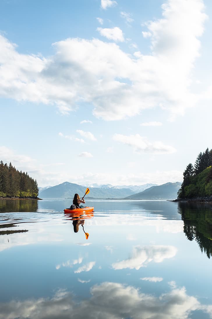 lake, mountains, landscape, portrait display, kayaks, HD wallpaper