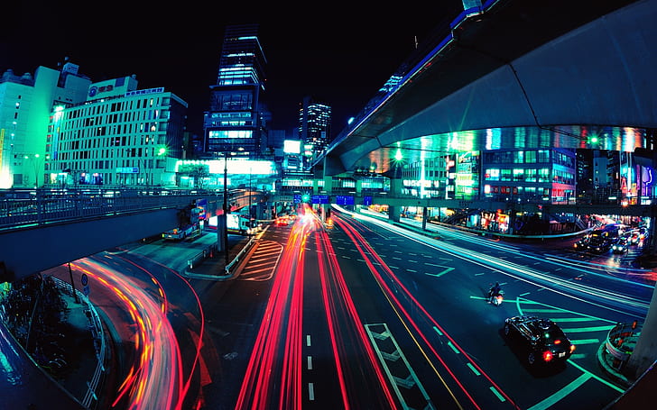 가벼운 도쿄 도시 거리 밤 건물 긴 노출 어안 효과 빛을 산책로 시부야 자연 도시 풍경 HD 아트, 빛, 도쿄, HD 배경 화면