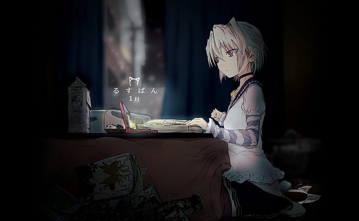 malam, buku, gadis anime, meja, karakter asli, Wallpaper HD