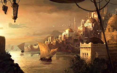 sailing ship, fantasy city, sea, fantasy art, city, ship, ports, HD wallpaper HD wallpaper