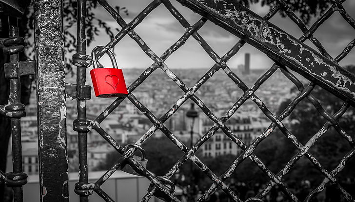 rött hänglås, Paris, lås, staket, kärlek, selektiv färgning, HD tapet