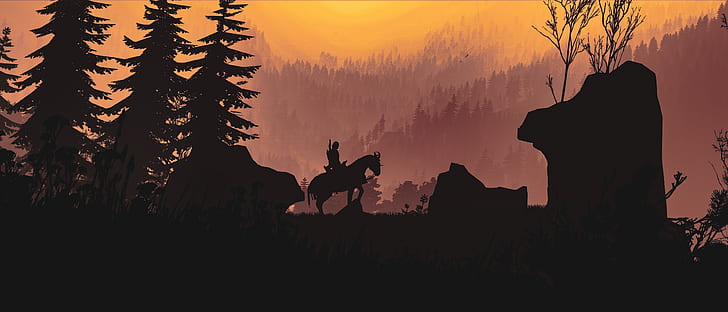 fantasy, game, forest, The Witcher, trees, weapon, mountain, horse, digital art, artwork, warrior, swords, fantasy art, silhouette, knight, The Witcher 3: Wild Hunt, HD wallpaper