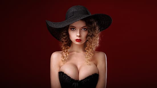  girl, cleavage, long hair, dress, hat, brown hair, brown eyes, breast, photo, photographer, model, lips, face, brunette, chest, portrait, mouth, freckles, red lipstick, simple background, red background, lipstick, looking at camera, curly hair, bare shoulders, looking at viewer, strapless, Venera Gudkova, Alexander Chuprina, HD wallpaper HD wallpaper
