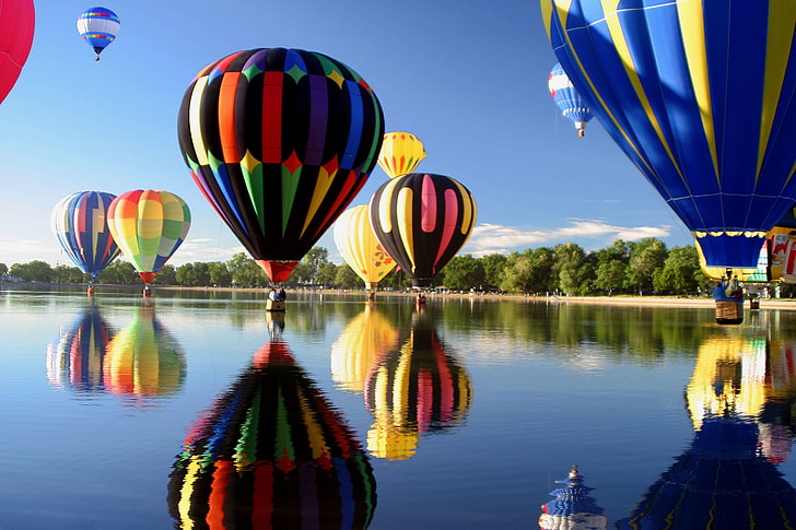 assorted-color hot air balloon lot, sea, the sky, leaves, water, clouds, trees, landscape, reflection, river, balloons, background, tree, widescreen, color, full screen, HD wallpapers, HD wallpaper