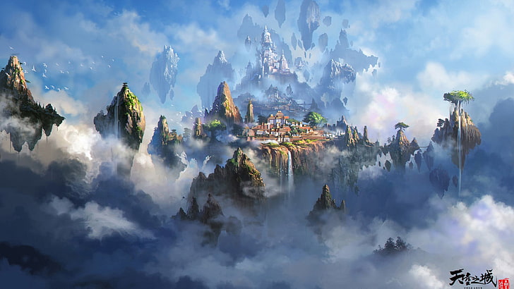 fantasía ciudad flotante y montañas, Fondo de pantalla HD