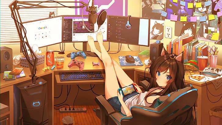 anime girls, cat ears, blue eyes, black hair, dark hair, gamer, Streaming, bangs, blunt bangs, Nintendo, Nintendo Switch, PC gaming, computer, computer screen, dual monitors, keyboards, qwerty, pictures, desk, desk lamp, office, office chair, office furniture, controllers, Google, soda, mouse pad, speakers, multiple display, white t-shirt, white shirt, shorts, jean shorts, small jean shorts, scissors, chair, gaming chair, ramen, candy, books, long hair, HD wallpaper
