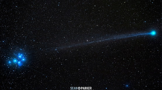 Шон Паркер галактика обои, звезды, ночь, комета, Телец, комета Лавджой, Созвездие Плеяд, HD обои HD wallpaper